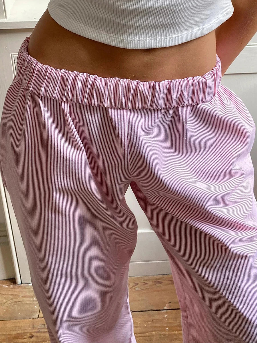 Y2k Pink Lounge Pants Pinstriped Print Elastic Mid Waist Pants with Pockets Women Vintage Loose Casual Comfy Pants Streetwear