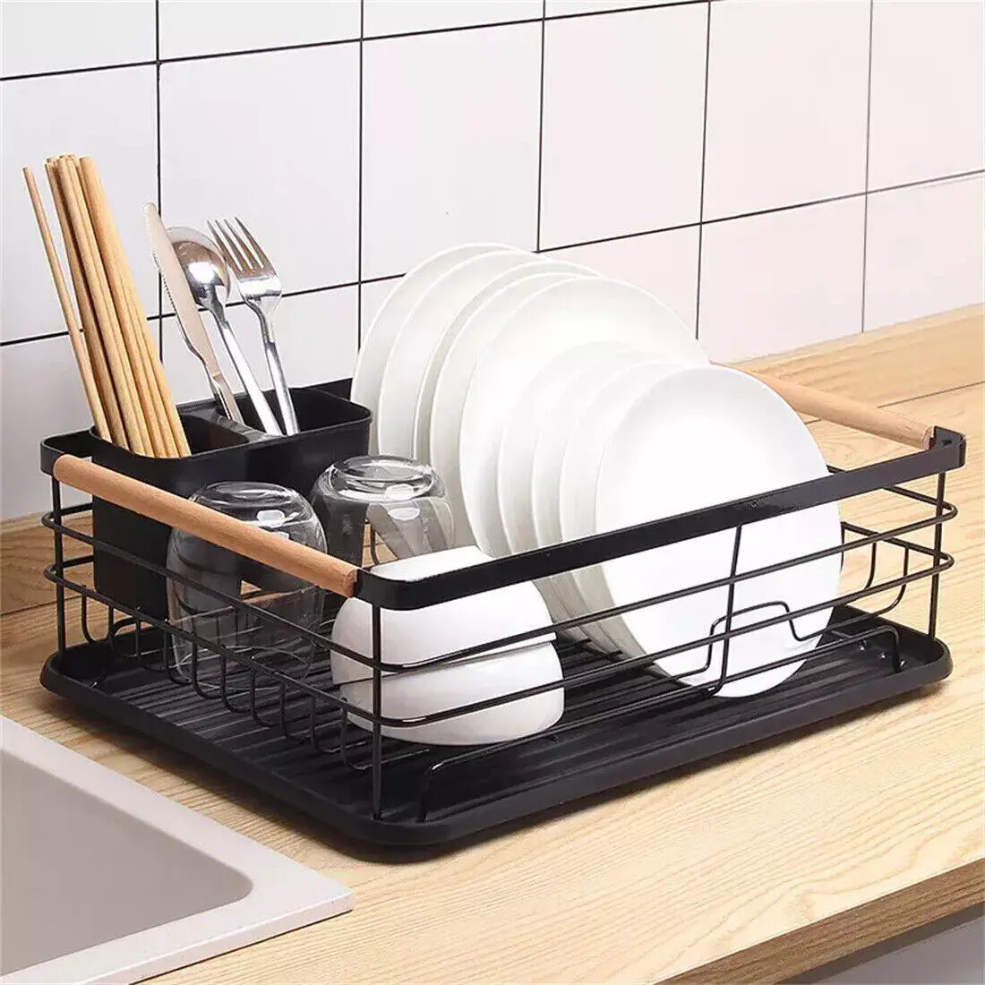 UK Large Kitchen Sink Dish Drainer Rack With Drip Tray And Plate Cutlery Holde