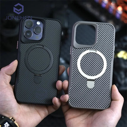 Soft Rubber MagSafe Case for iPhone 16/15/14/13/12 Pro Max Carbon Fiber Metal Bracket Cover