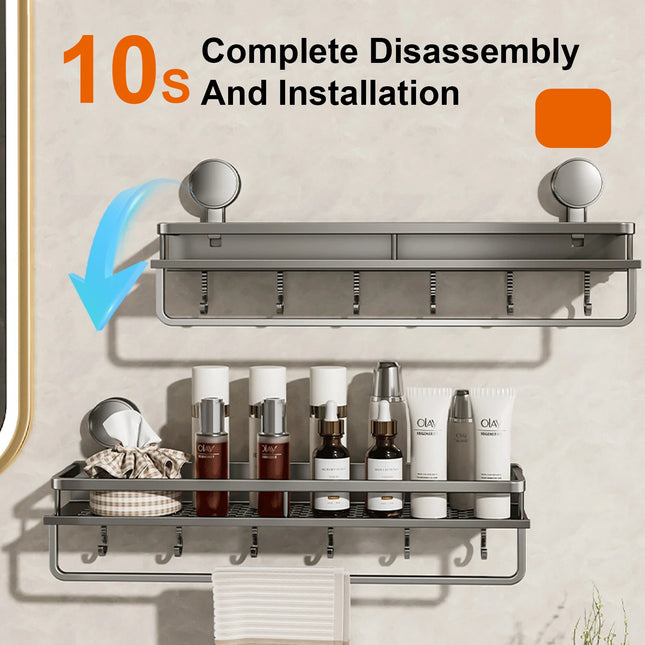GripMount Bathroom Shelf Aluminum Suction Wall Rack No Drill Toilet Organizer