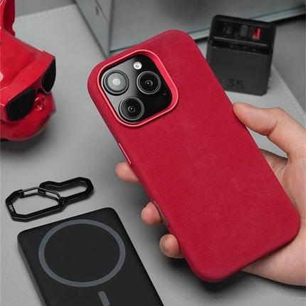 OKEYWOW iPhone Pro Max fiber leather MagSafe shockproof case with wireless charging compatibility, black color, textured surface.
