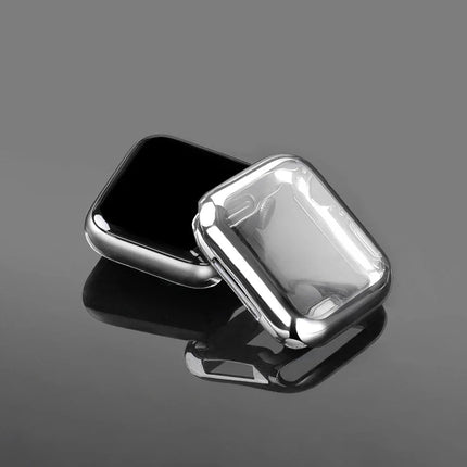Silicone Apple Watch case and screen protector bumper for Series 9 to 3 SE in black, fits 38mm to 46mm models.