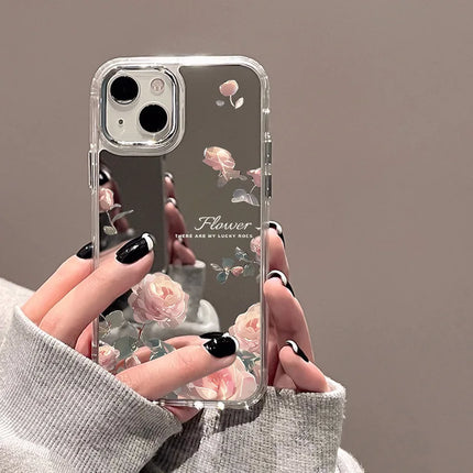 OKEYWOW iPhone flower mirror case with silicone shockproof cover for iPhone 11, 12, 13, 14, 15, 16 Pro Max, XR, XS, SE in pink