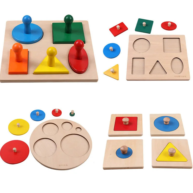 Montessori Wooden Puzzle Toys: Geometric Shapes Sorting Math Colorful Preschool Learning Educational Game for Baby and Toddler