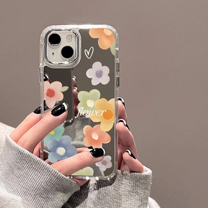 OKEYWOW iPhone flower mirror case with silicone shockproof cover for iPhone 11 to 16 Pro Max, featuring floral design and mirror finish.