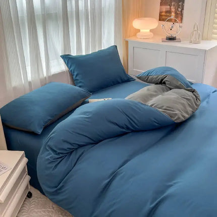Okeywow solid color brushed fabric bedding set with duvet cover, pillowcases, bed sheet, and quilt cover in a cozy bedroom setup