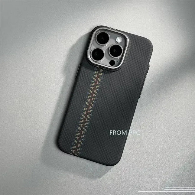 OKEYWOW iPhone 16/15/14 Pro Max carbon fiber geometric MagSafe case with magnetic charging and camera protection.