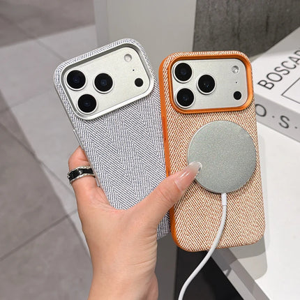 Heritage Weave PU Leather MagSafe Case for iPhone 17/16/15 Pro Max Alloy Lens Wireless Cover