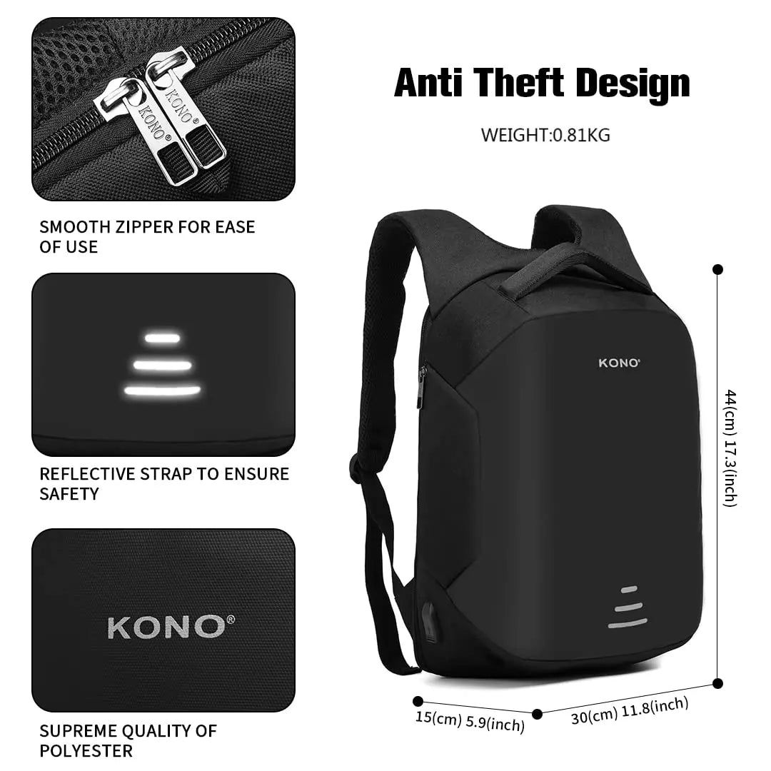 Kono Anti-Theft Laptop Backpack - 15.6" USB Charging Port, Water Resistant Business/School Bag for Men & Women