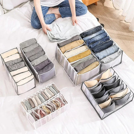OKEYWOW underwear drawer organizer and closet storage box for bras, jeans, scarves, and wardrobe dividers, neatly arranged inside a wardrobe.