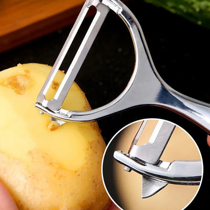 Stainless steel vegetable peeler and grater by OKEYWOW, showing a multifunctional kitchen tool for peeling potatoes, carrots, and fruits.