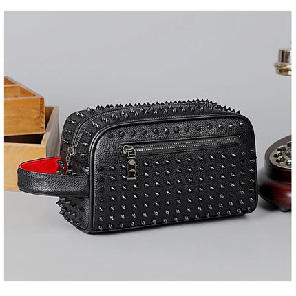 Men's PU leather rivet clutch bag with cyberpunk style, waist wallet, strap, and money bag design by OKEYWOW.