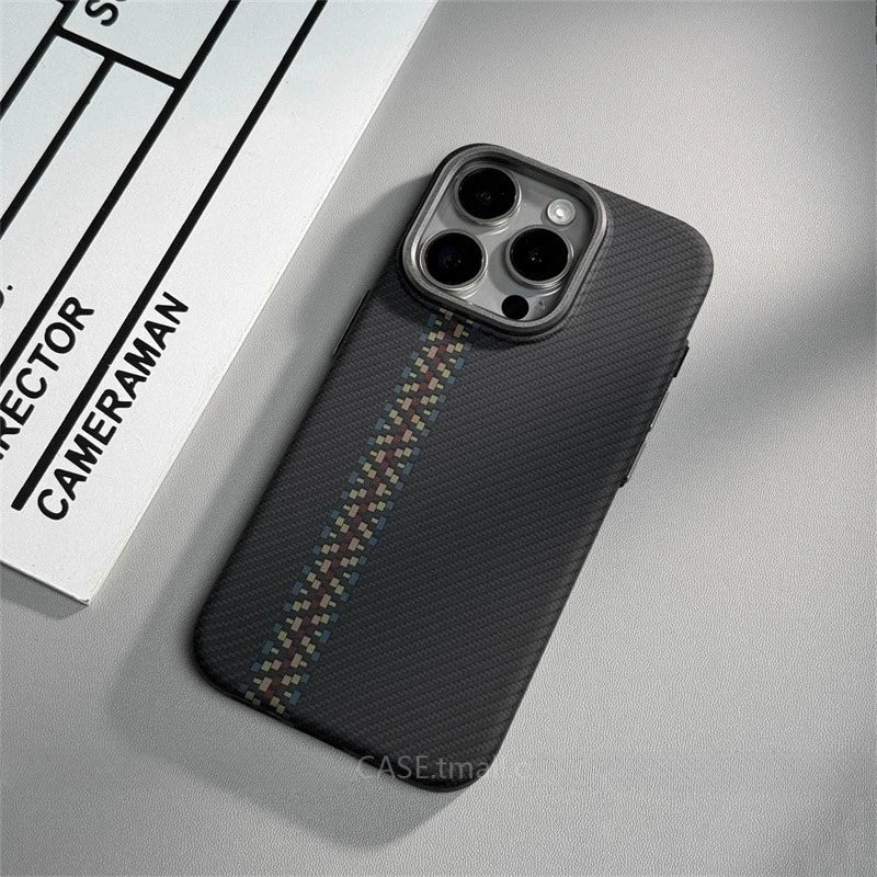 Relief Carbon Fiber MagSafe Case for iPhone 15 Pro Max 16 17 Pro Phone Cover Camera Metal Lens Protective Shell Hard PC Fundas