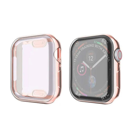 OKEYWOW Apple Watch silicone bumper case and screen protector for Series 9, 8, 7, SE in 49mm to 38mm sizes, black color.