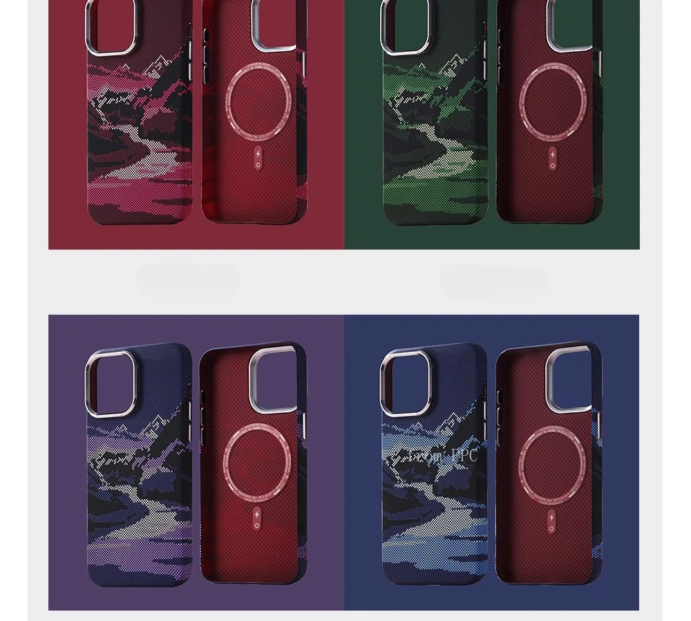 Abstract Landscape Relief MagSafe Phone Case for iPhone 16 15 14 Pro Max 16Pro Wireless Charging Alloy Lens Shield Hard PC Cover