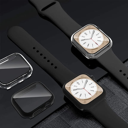 Apple Watch tempered glass PC bumper case and screen protector for Series 9 to 4 SE, fits 38mm to 45mm models, by OKEYWOW.