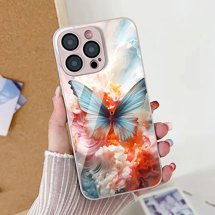 OKEYWOW iPhone Butterfly Silver Case for models 11 to 17, shockproof tempered glass cover with butterfly design on the back.