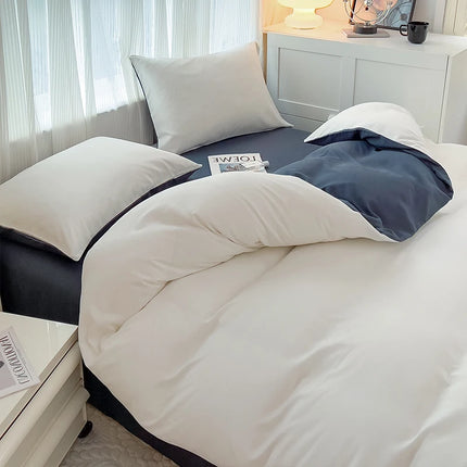 Okeywow solid color brushed fabric bedding set with duvet cover, pillowcases, bed sheet, suitable for single, queen, and king beds.
