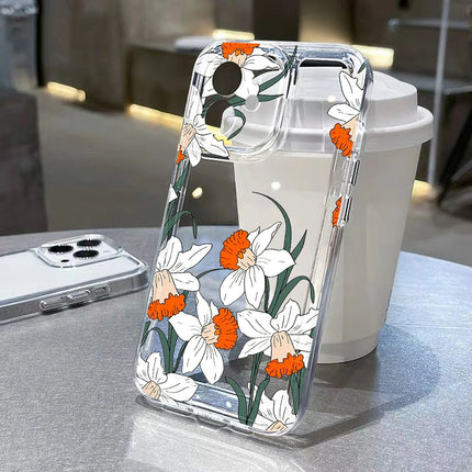 Transparent silicone shockproof iPhone case with aesthetic flower design for iPhone 12 to 16, by OKEYWOW.