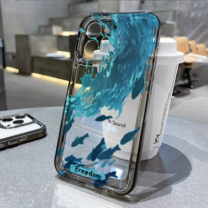 OKEYWOW iPhone ocean animal case with shark, dolphin, and fish design in clear silicone, shockproof cover for iPhone 11 to 14 Pro Max.