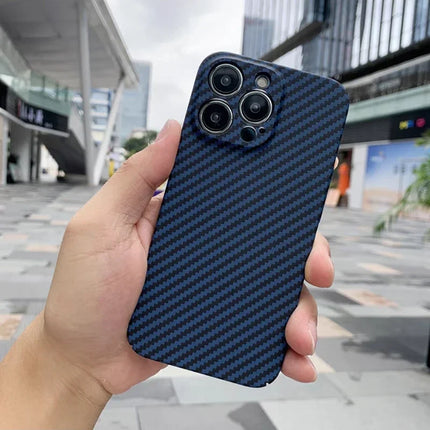 OKEYWOW iPhone carbon fiber case, ultra-thin hard back cover with camera protection for 11 to 17 Pro Max models.