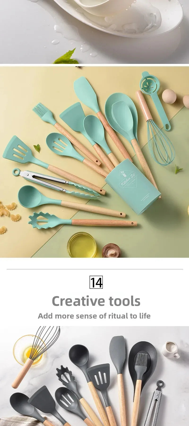 12Pcs Silicone Utensils Set Non-Stick Cookware Spatula Shovel Egg Beaters Wooden Handle Kitchenware Home Kitchen Cooking Tools