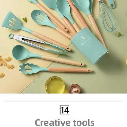 Set of 12 OKEYWOW silicone kitchen utensils with non-stick spatulas and wooden handles for cooking and baking.