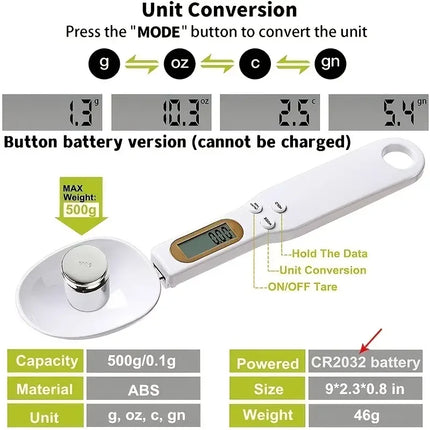 MiniSpoon Digital Kitchen Scale 0.1–500g LCD Food Measuring Spoon for Coffee Flour Milk