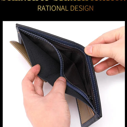 Men's horizontal leather wallet by OKEYWOW featuring zipper coin pocket and multiple credit card slots for business use.