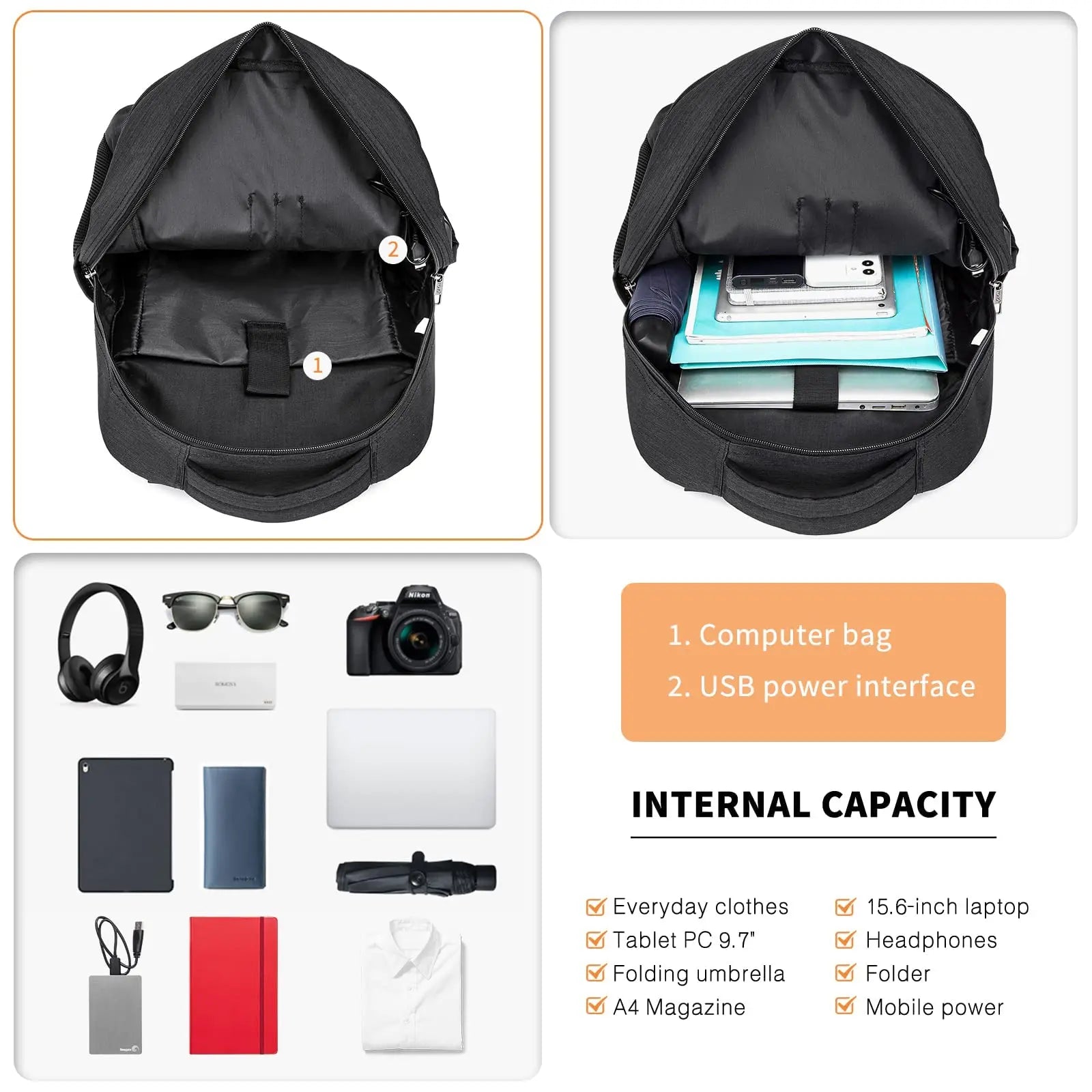 Travel Laptop Backpack with USB Port - Water Resistant 15.6 Inch Computer Bag for Work, School & Casual Use (Men/Women)