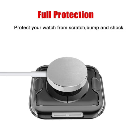 OKEYWOW Apple Watch silicone bumper case and screen protector for Series 9/8/7/SE, fits 38-49mm models, in black with textured design.