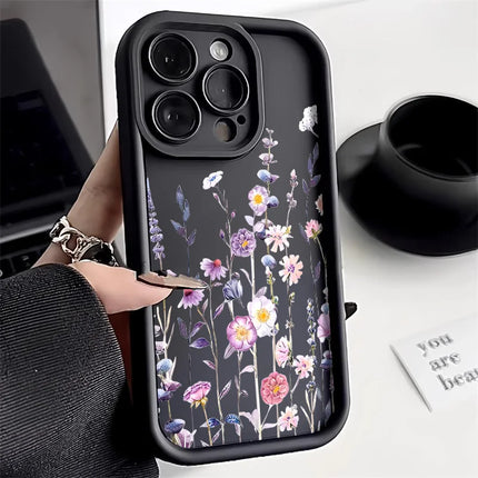 Pink and purple flower-patterned silicone iPhone case by OKEYWOW, shockproof and matte finish for various iPhone models.