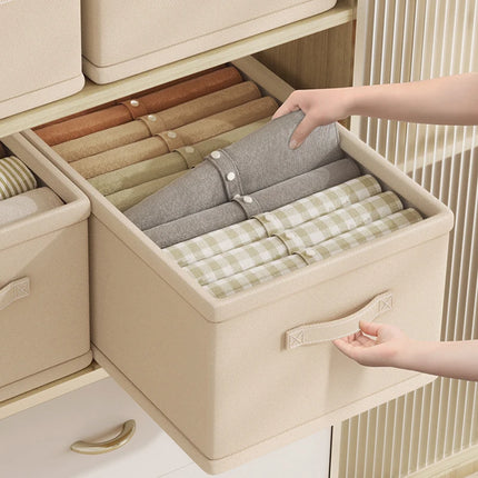 OKEYWOW jeans and underwear storage organizer box with compartments for bras, socks, and clothing, keeps wardrobe tidy.