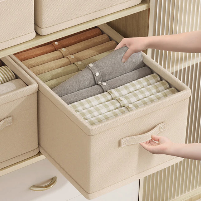 OKEYWOW jeans and underwear storage organizer box with compartments for bras, socks, and clothing, keeps wardrobe tidy.