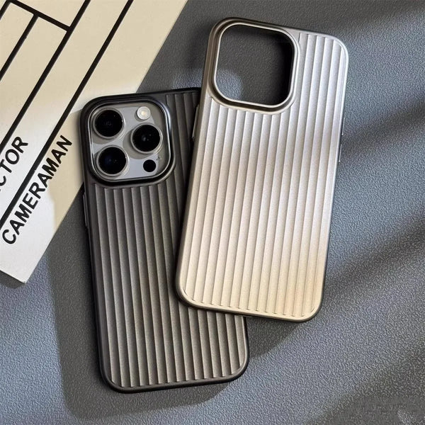 Luxury Natural Titanium PC Case for iPhone 15,16 Pro Max Plus Electroplated Grating Corrugated Hard Back Cover