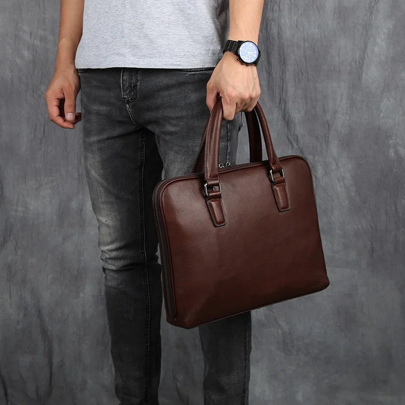 Vintage Men's Briefcase Top Layer Cowhide Casual Handbag Leather Business Shoulder Messenger Bag Brown 14 Inch Laptop Bag NZPJ