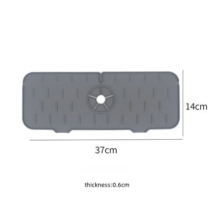 OKEYWOW silicone sink faucet mat with absorbent pad and splash catcher for kitchen counter and drain protection.