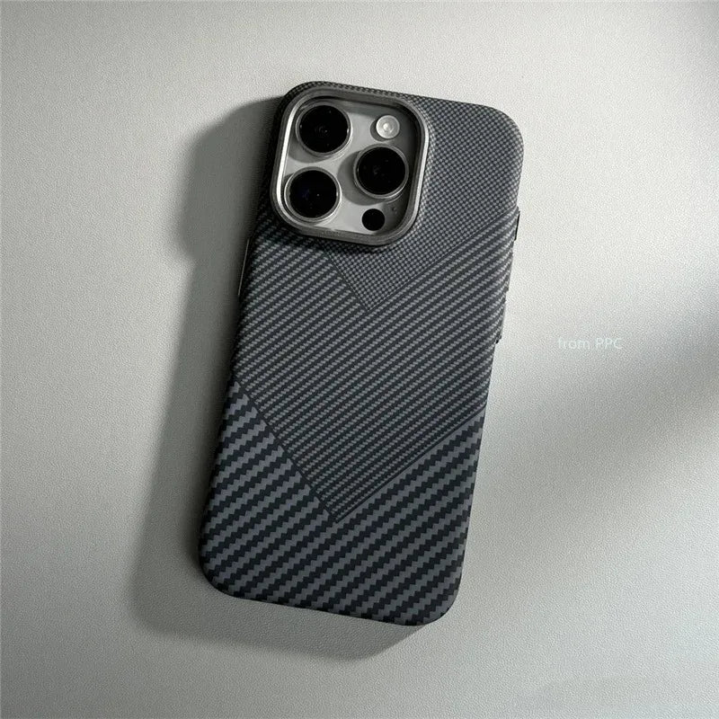 iPhone 16 15 14 Pro Max Case Carbon Fiber Abstract Geometric MagSafe Cover Magnetic Charging Shell Camera Alloy Armor Fundas
