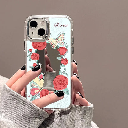 Pink silicone iPhone flower mirror case from OKEYWOW, shockproof cover for iPhone 11, 12, 13, 14, 15, 16 Pro Max, XR, XS, SE