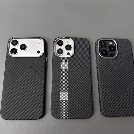 OKEYWOW iPhone 17/16/15 Pro Max carbon fiber MagSafe case with camera lens protection and hard PC cover.