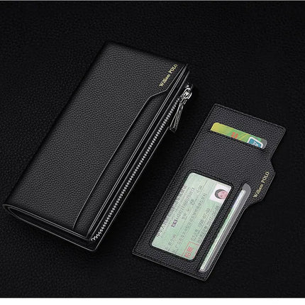 OKEYWOW WilliamPOLO men's genuine leather wallet with zipper, card holder, business phone bag, and purse in black leather.