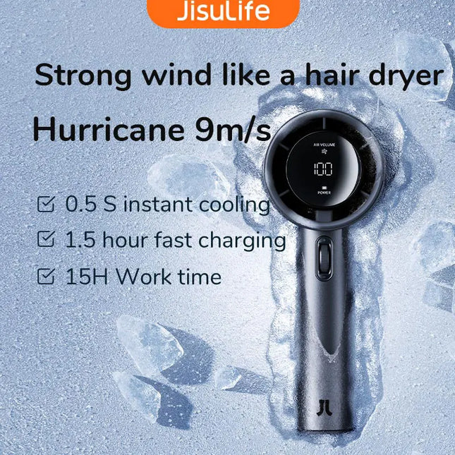 OkeyWOW JISULIFE mini bladeless handheld fan with USB charging and 100 speed settings, shown in a compact, portable design.