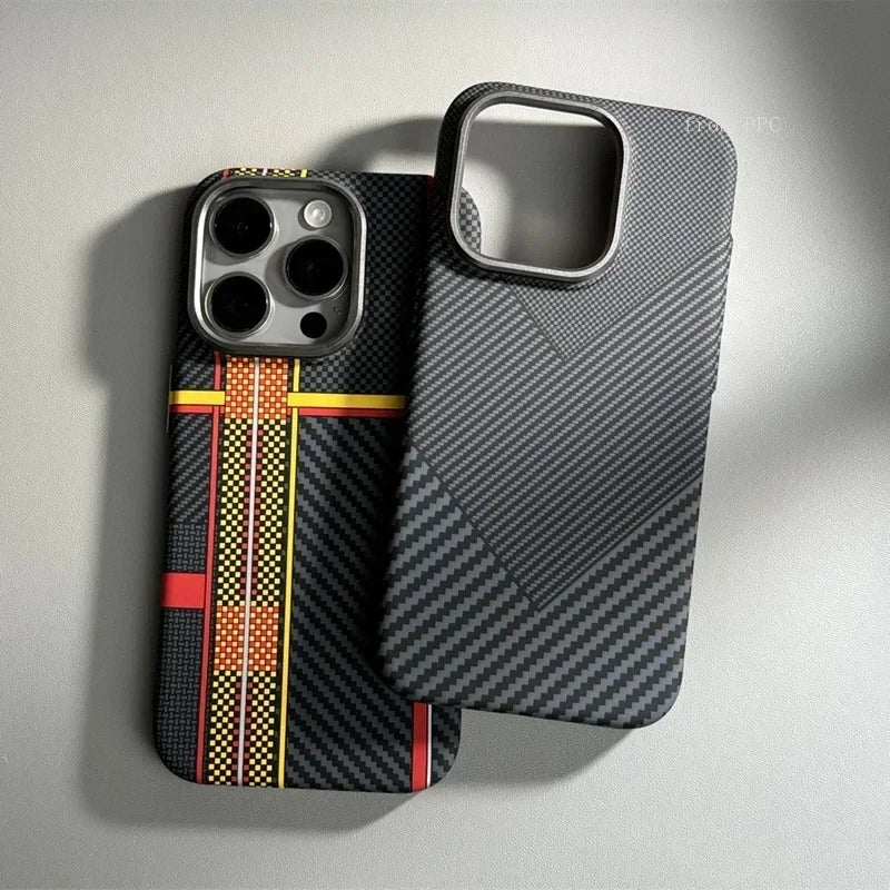 iPhone 16 15 14 Pro Max Case Carbon Fiber Abstract Geometric MagSafe Cover Magnetic Charging Shell Camera Alloy Armor Fundas