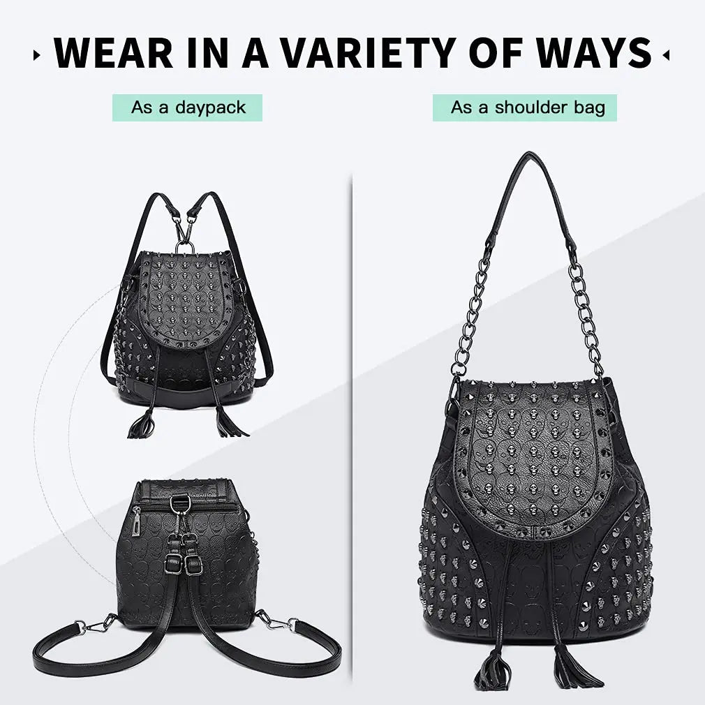 Miss Lulu Gothic Skull Backpack - Faux Leather Studded Shoulder Bag with Chains & Tassels for Women