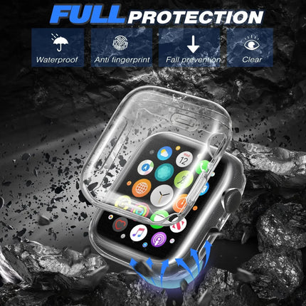 Silicone Apple Watch case and screen protector bumper for Series 9 to 3 SE in 44mm and 40mm, compatible with various sizes.