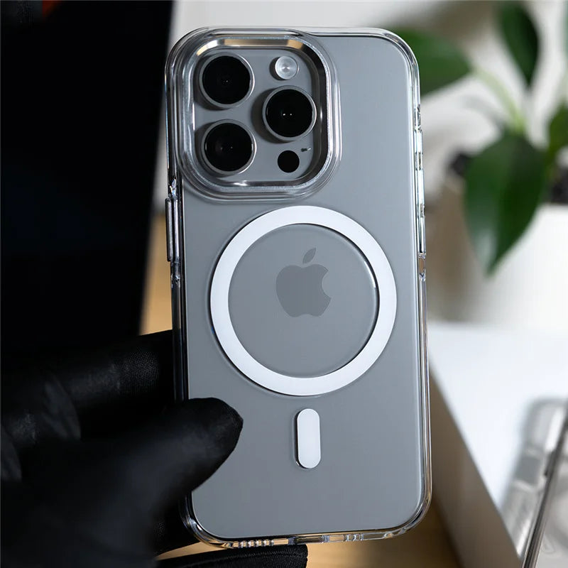 Transparent MagSafe Wireless Charging Case for iPhone 14/15 Pro/16/16 Pro Max – Alloy Lens Clear Shockproof Armor Back Cover