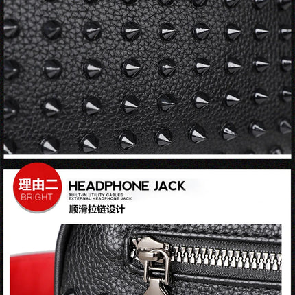 Men's PU leather rivet clutch bag with cyberpunk style, waist wallet, purse strap, and money bag design by OKEYWOW.