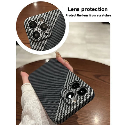 OKEYWOW iPhone carbon fiber case, ultra-thin hard back cover with camera protection for iPhone 11 to 17 Pro Max models.