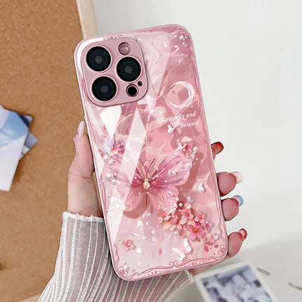OKEYWOW butterfly silver iPhone case for 11 to 17 Pro Max with tempered glass shockproof cover, stylish and protective design