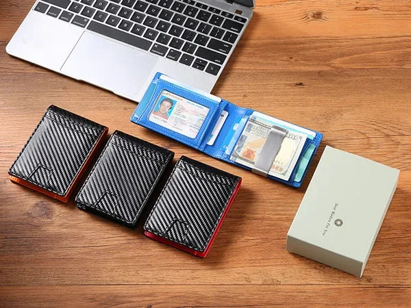 RFID Blocking Dollar Clip Design,Ultra-Thin Carbon Fiber Wallet for Men - Slim Synthetic Leather Card Holder Minimalist Style